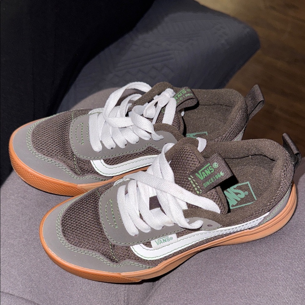 Vans Brown and Gray Sneakers with White and Green Accents